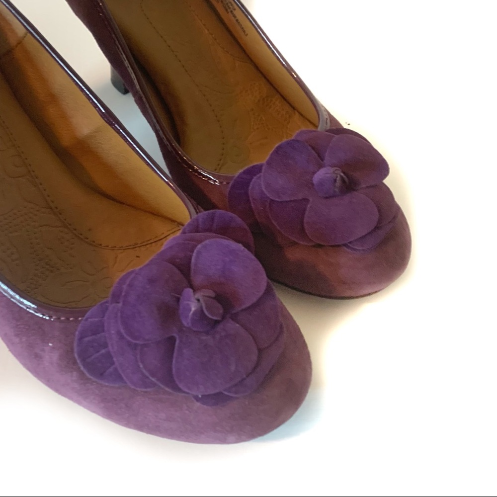 Eurosoft Sofft Fiorella Plum Purple Leather Heels Pumps Stacked Heel Flower Toe